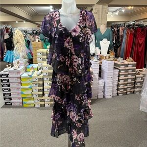 SLNY Floral Layered Midi Dress - Purple and Pink